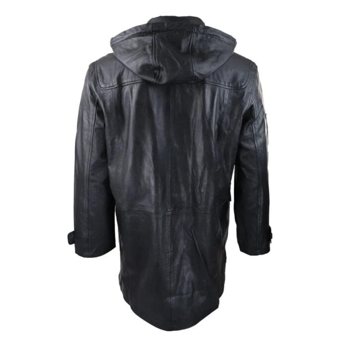 Mens Black Real Leather Duffle Jacket Coat Toggle Classic Fisherman Hooded 3/4 - Knighthood Store