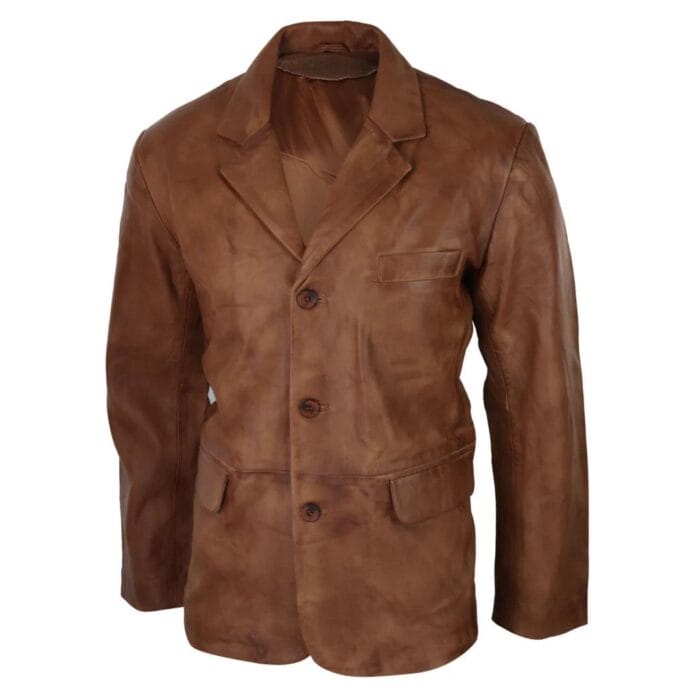 Mens Real Leather Jacket Black Smart Casual Classic Blazer Retro Vintage - Knighthood Store