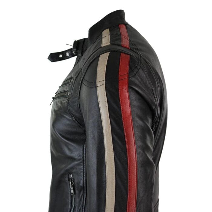 Mens Slim Fit Short Real Leather Biker Racing Jacket Stripes Sleeves Zipped - Knighthood Store