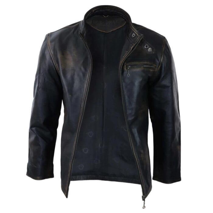 Mens Classic Nehru Real Leather Jacket Black Brown Vintage Zipped Classic - Knighthood Store