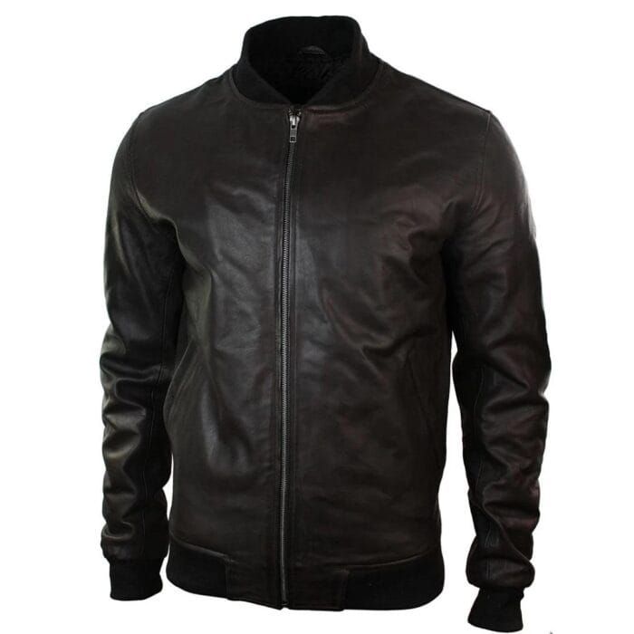 Mens Slim Fit Real Leather Black Varsity Bomber Jacket Classic Retro Black Brown - Knighthood Store