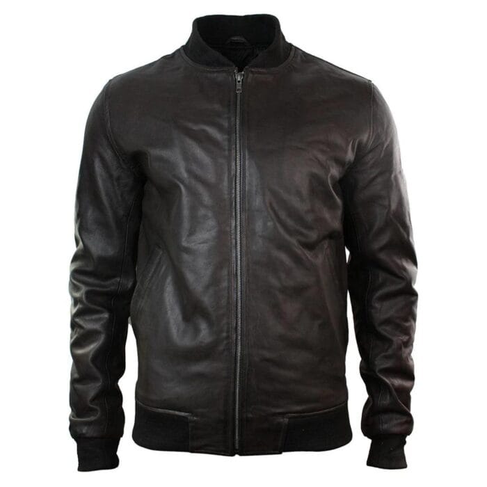 Mens Slim Fit Real Leather Black Varsity Bomber Jacket Classic Retro Black Brown - Knighthood Store