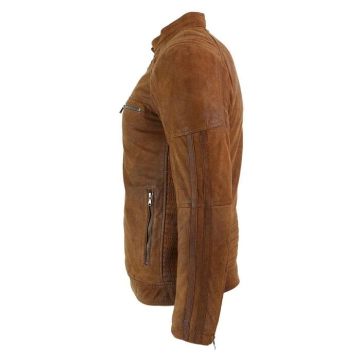 Mens Real Suede Leather Retro Vintage Camel Zip Biker Racing Jacket Washed Nehru Collar - Knighthood Store