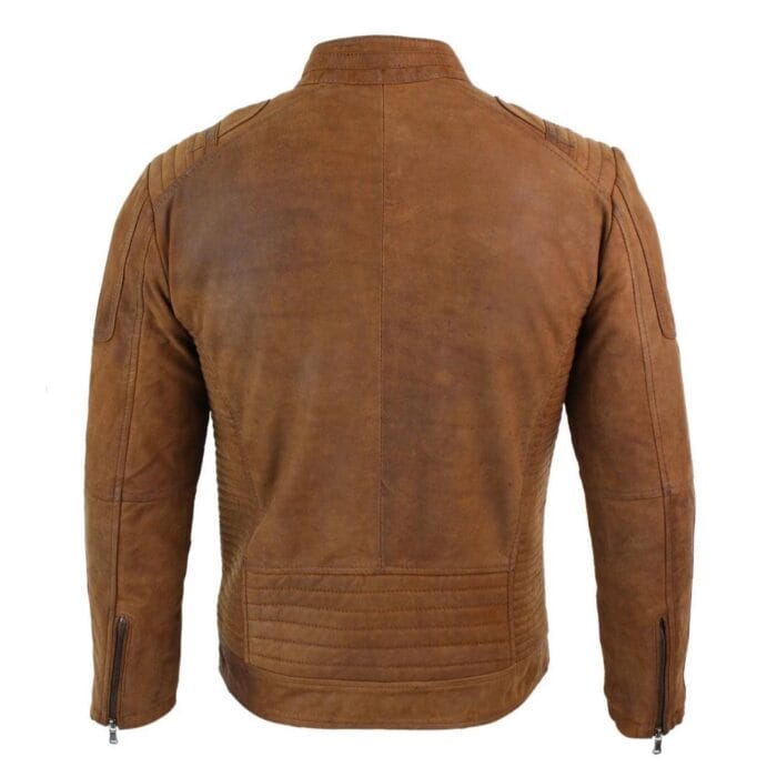 Mens Real Suede Leather Retro Vintage Camel Zip Biker Racing Jacket Washed Nehru Collar - Knighthood Store