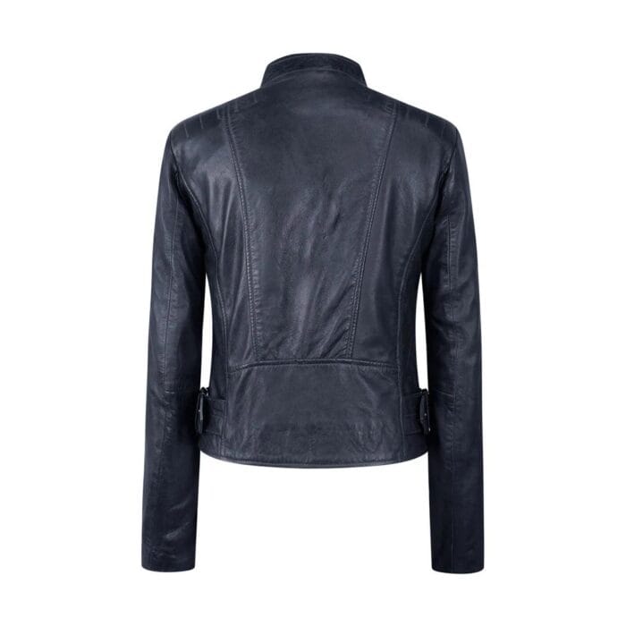 Ladies Real Leather Jacket Cross Zip Brando Nehru Collarless Soft Slim Fit - Knighthood Store