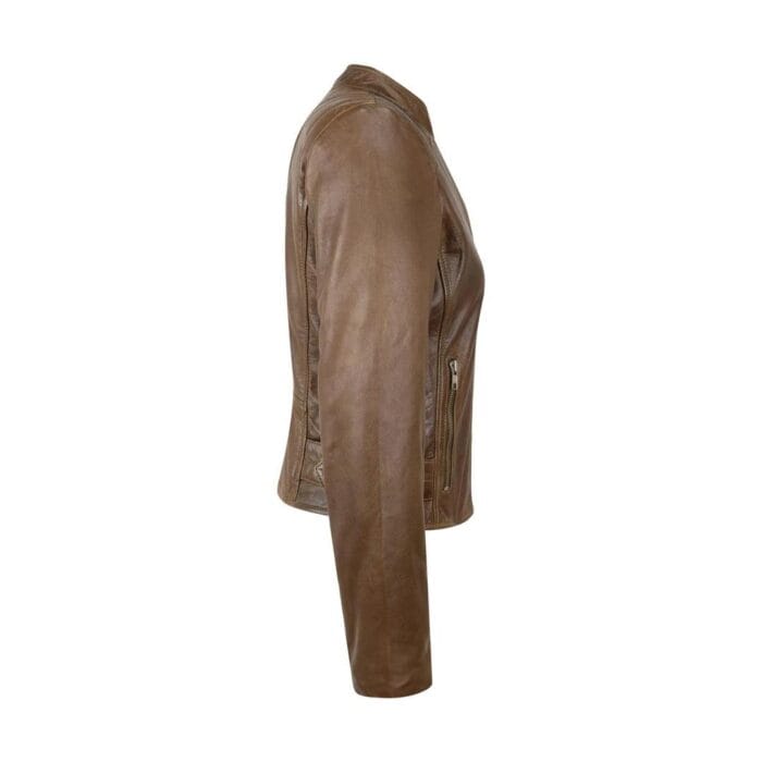 Ladies Real Leather Jacket Cross Zip Brando Nehru Collarless Soft Slim Fit - Knighthood Store
