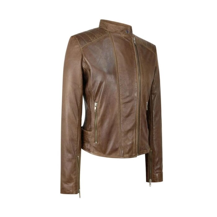 Ladies Real Leather Jacket Cross Zip Brando Nehru Collarless Soft Slim Fit - Knighthood Store