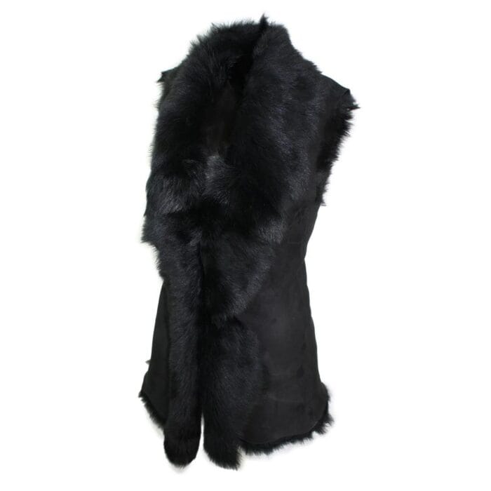 Ladies Women Real Spanish Toscana Shearling Sheepskin Black Leather Waistcoat Gilet - Knighthood Store