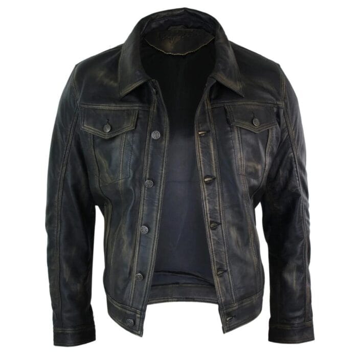 Mens Vintage Retro Jeans Jacket Style Real Leather Short Washed Biker - Knighthood Store