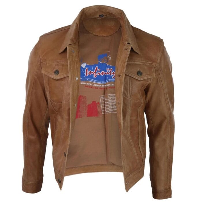 Mens Vintage Retro Jeans Jacket Style Real Leather Short Washed Biker - Knighthood Store