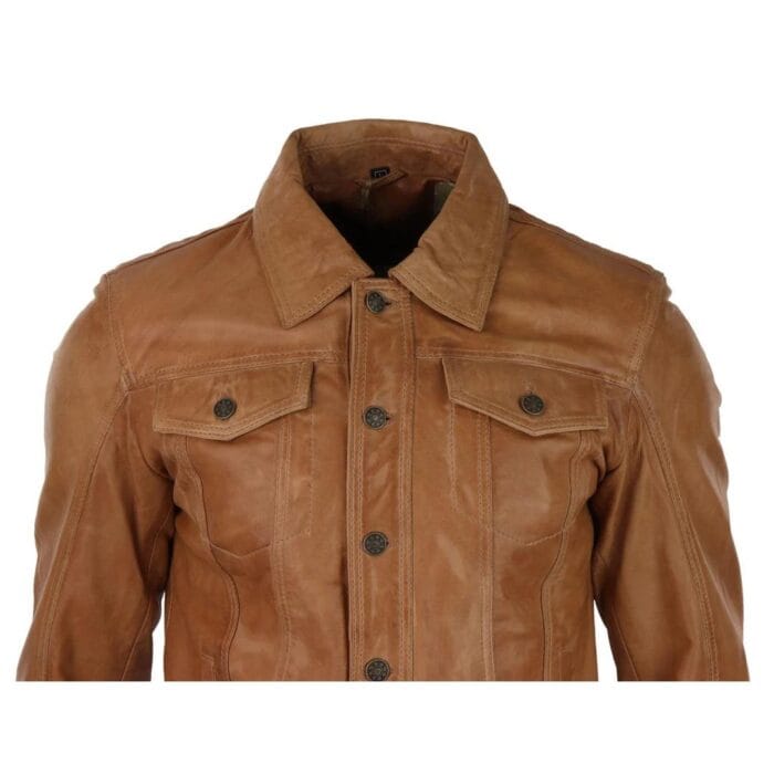 Mens Vintage Retro Jeans Jacket Style Real Leather Short Washed Biker - Knighthood Store