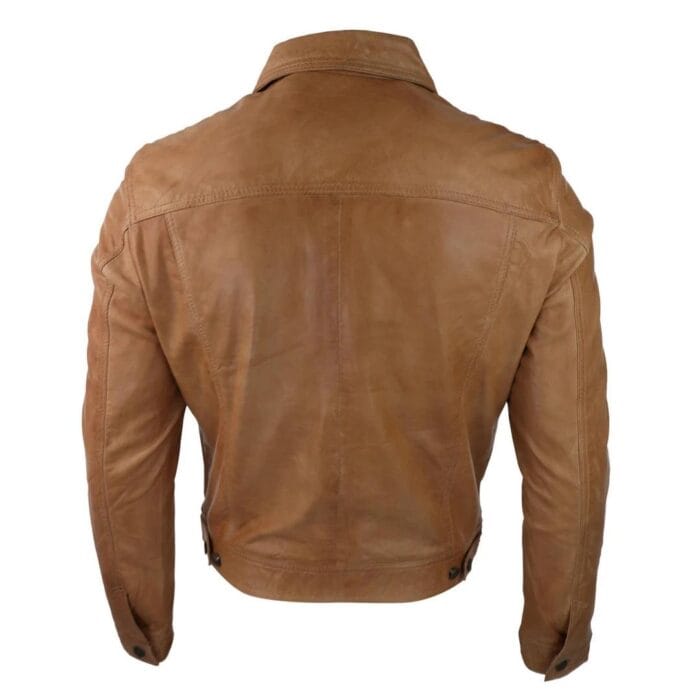 Mens Vintage Retro Jeans Jacket Style Real Leather Short Washed Biker - Knighthood Store