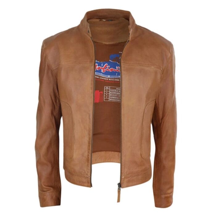 Mens Classic Casual Genuine Leather Biker Style Jacket Collarless Retro - Knighthood Store