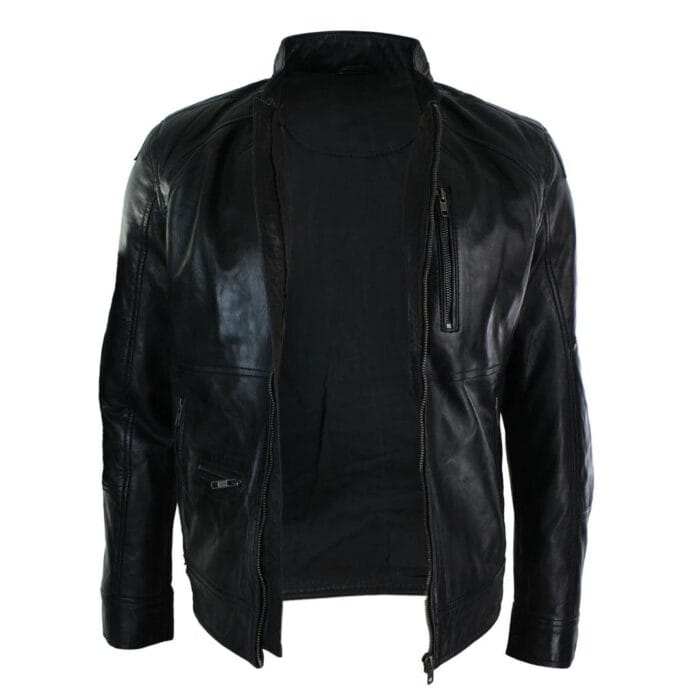 Mens Zipped Biker Style Smart Casual Real Leather Jacket Black Brown Olive Urban - Knighthood Store