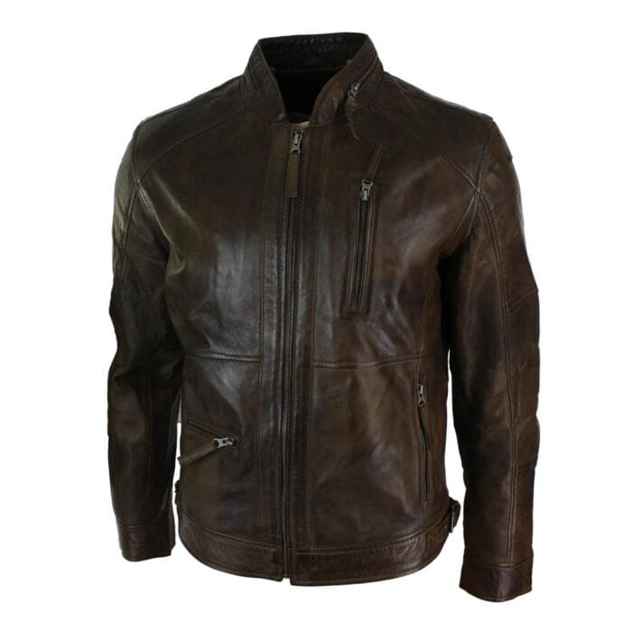 Mens Zipped Biker Style Smart Casual Real Leather Jacket Black Brown Olive Urban - Knighthood Store