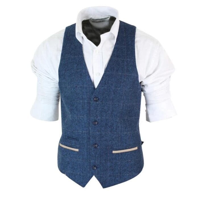 Mens Herringbone Tweed Vintage Check Waistcoat Velvet Trim Blue Brown Grey - Knighthood Store
