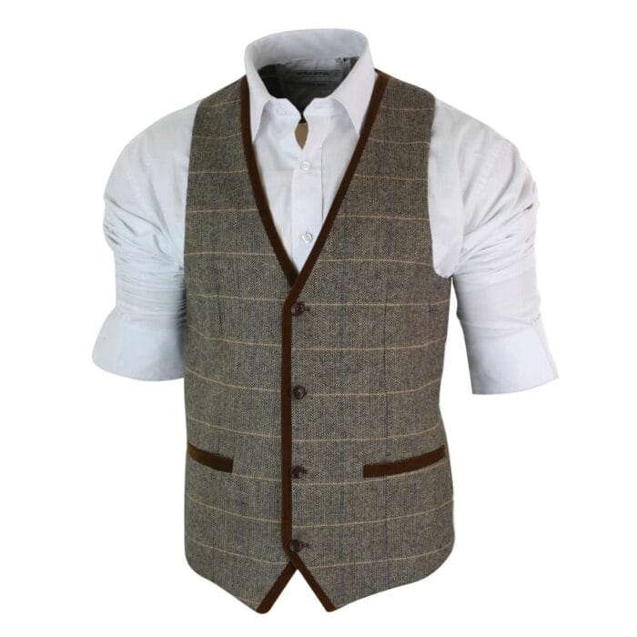 Mens Herringbone Tweed Vintage Check Waistcoat Velvet Trim Blue Brown Grey - Knighthood Store