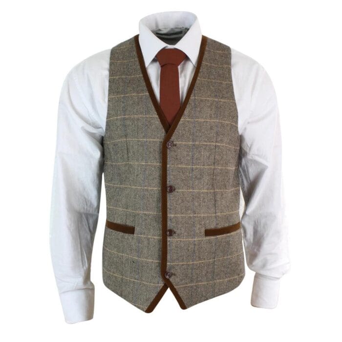 Mens Herringbone Tweed Vintage Check Waistcoat Velvet Trim Blue Brown Grey - Knighthood Store