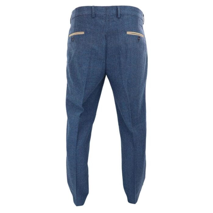 Mens Blue Trousers Herringbone Tweed Check Vintage Tailored Fit Suit - Knighthood Store