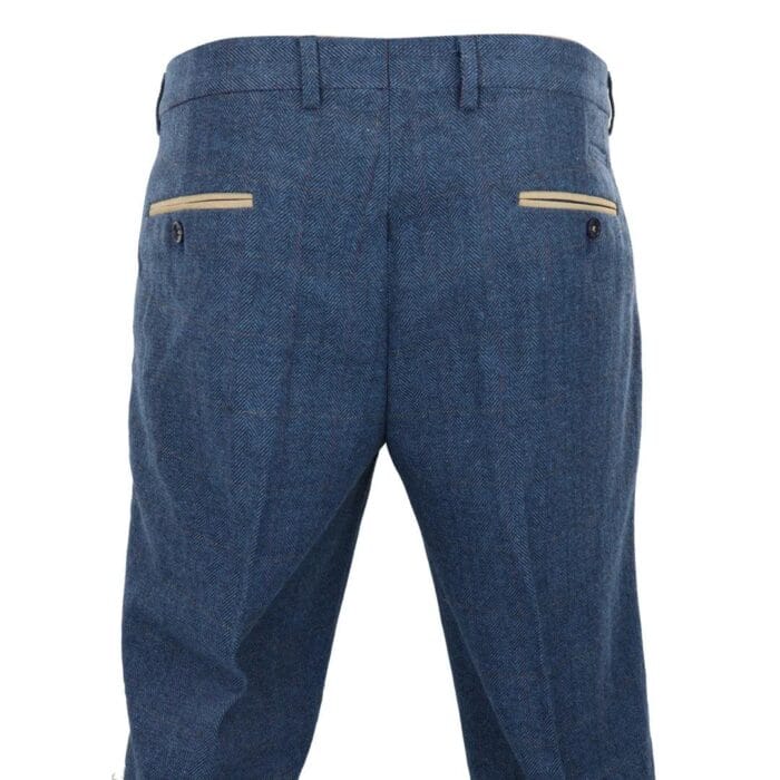 Mens Blue Trousers Herringbone Tweed Check Vintage Tailored Fit Suit - Knighthood Store