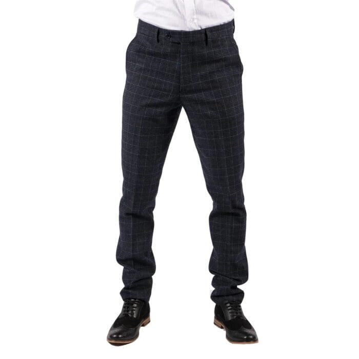 Mens Black Tweed Trousers Check Vintage 1920s Gatsby Blinders Tailored Fit Grey Blue - Knighthood Store