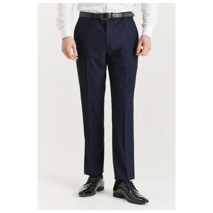 Regent - Men's Navy Plaid Check Trousers - Image 1