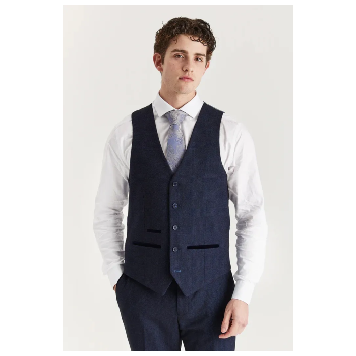 Regent - Men's Navy Plaid Check Waistcoat - Image 1