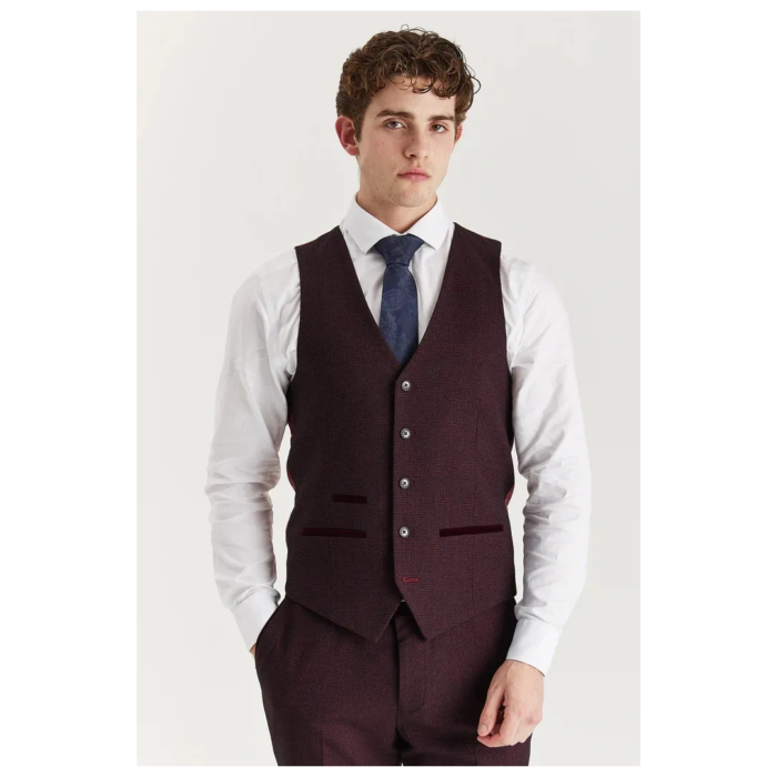 Regent - Men's Wine Plaid Check Waistcoat - Image 1