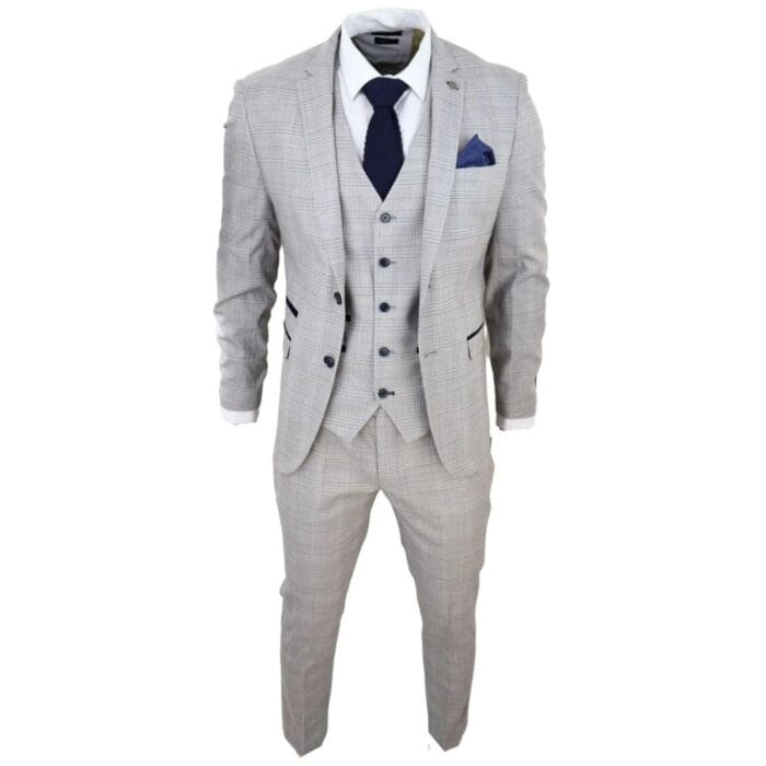 Mens Light Grey 3 Piece Suit Navy Blue Check Velvet Trims Wedding Tailored Fit Classic - Knighthood Store