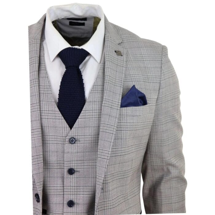 Mens Light Grey 3 Piece Suit Navy Blue Check Velvet Trims Wedding Tailored Fit Classic - Knighthood Store