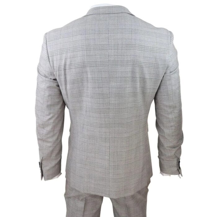 Mens Light Grey 3 Piece Suit Navy Blue Check Velvet Trims Wedding Tailored Fit Classic - Knighthood Store