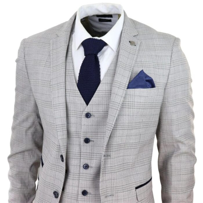 Mens Light Grey 3 Piece Suit Navy Blue Check Velvet Trims Wedding Tailored Fit Classic - Knighthood Store