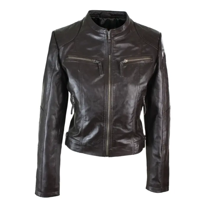New Ladies Womens Real Leather Slim Fit Soft Zip Biker Style Jacket - Image 9