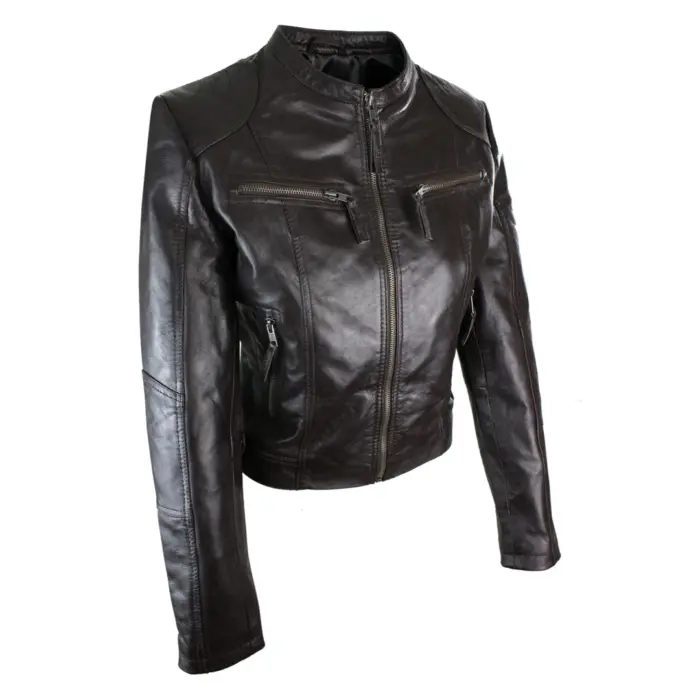 New Ladies Womens Real Leather Slim Fit Soft Zip Biker Style Jacket - Image 12