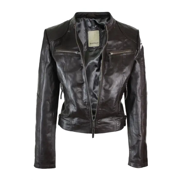 New Ladies Womens Real Leather Slim Fit Soft Zip Biker Style Jacket - Image 11