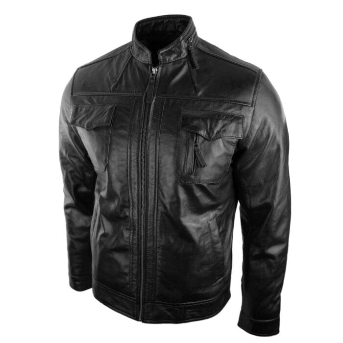 Mens Short Zipped Casual Wine Burgundy Real Leather Retro Biker Jacket Washed Vintage - Knighthood Store