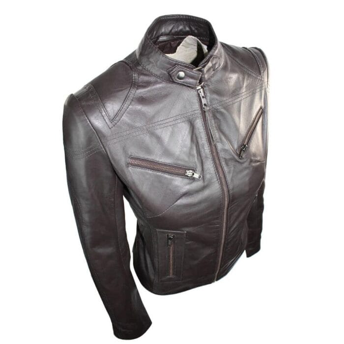 Ladies Womens Real Leather Vintage Slim Fit Biker Leather Jacket - Knighthood Store