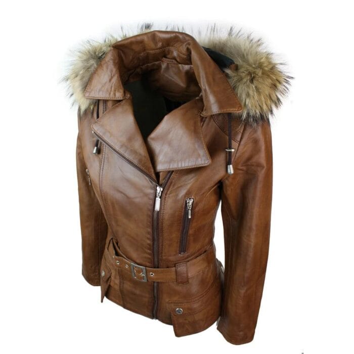 Ladies Tan Brown HOODED Parka Real Leather Jacket Winter Coat - Knighthood Store