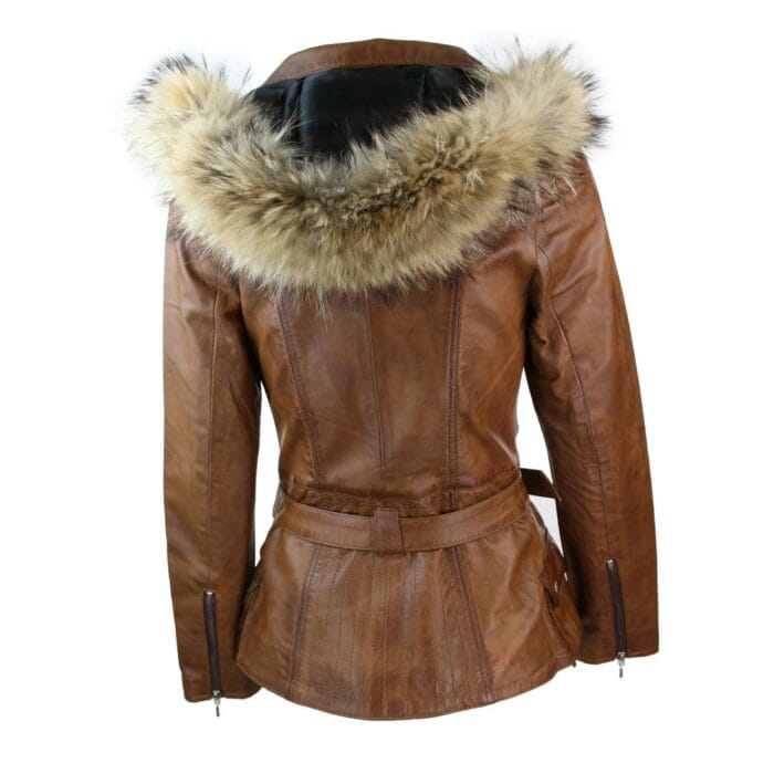 Ladies Tan Brown HOODED Parka Real Leather Jacket Winter Coat - Knighthood Store