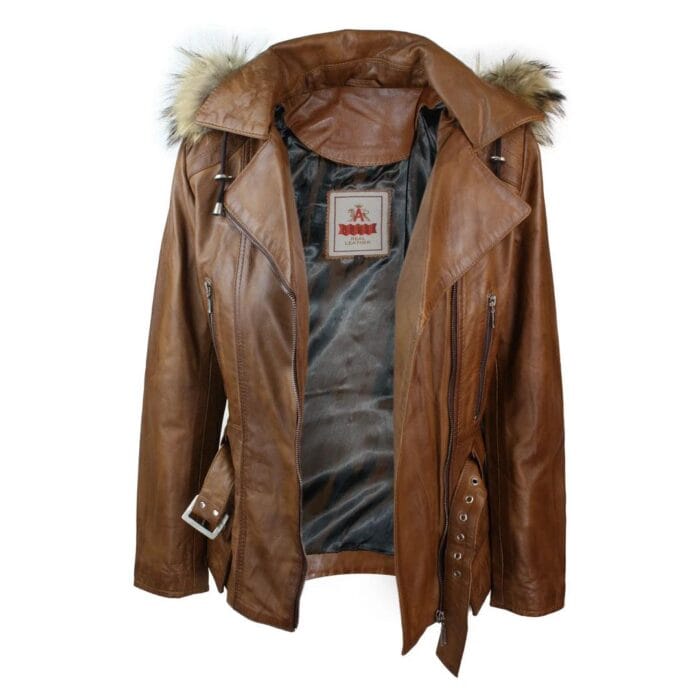 Ladies Tan Brown HOODED Parka Real Leather Jacket Winter Coat - Knighthood Store