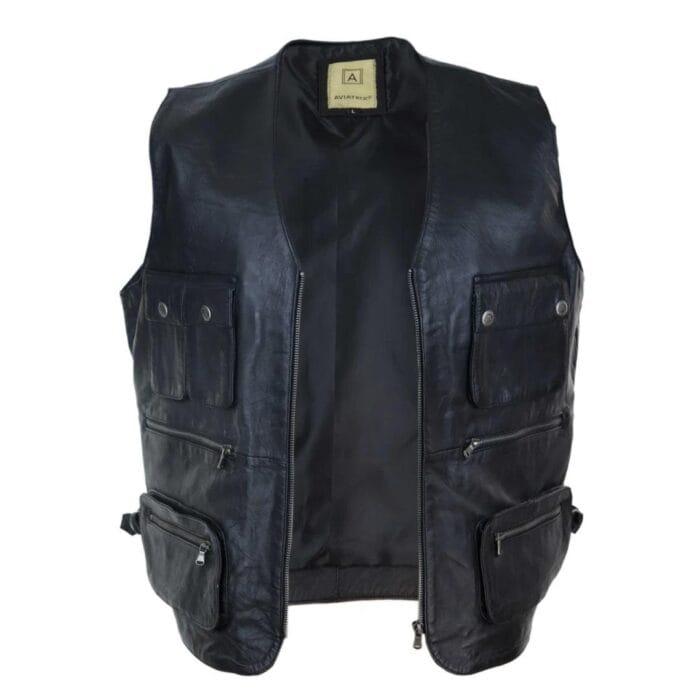Mens Black Real Leather Fisherman Waistcoat Multi Pocket Combat Fishing Hunting - Knighthood Store