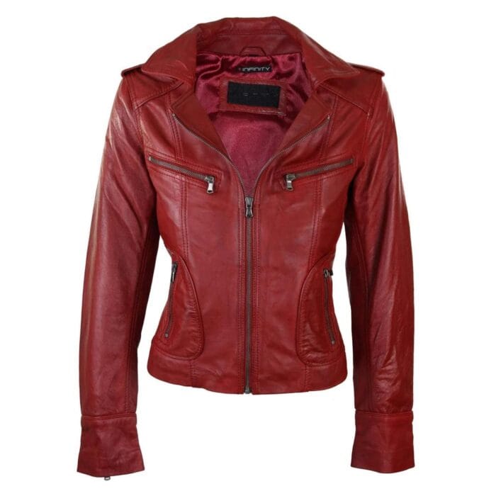 Ladies Women Real Leather Biker Rock Purple Red Slim Fit Jacket - Knighthood Store