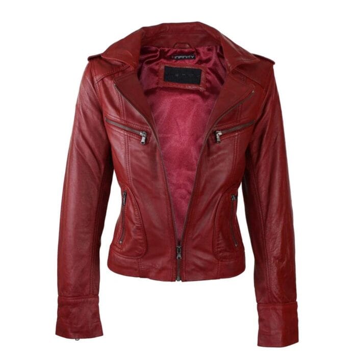 Ladies Women Real Leather Biker Rock Purple Red Slim Fit Jacket - Knighthood Store