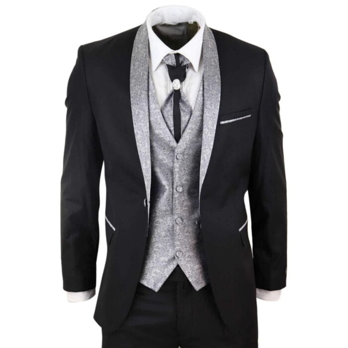 Mens 4 Piece Wedding Suit Groom Shawl Collar Vintage Black Silver Cravat Tailor - Knighthood Store