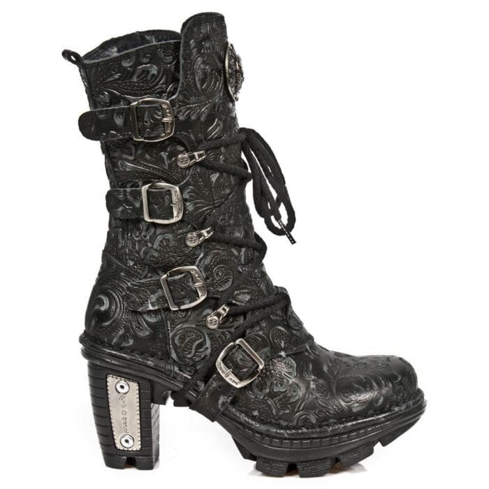 New Rock NEOTR005-S25 Vintage Floral Black Gothic Rock Punk Ladies Leather Boots - Knighthood Store