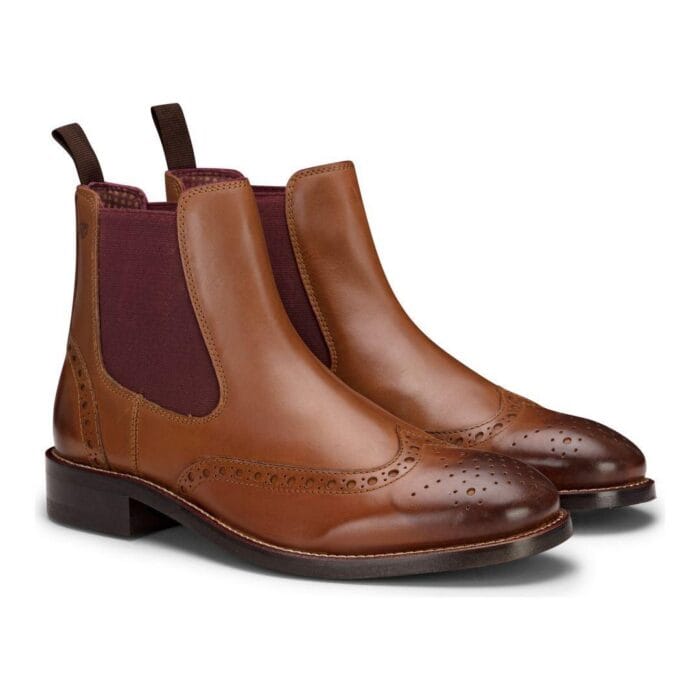 Mens Slip On Real Leather Brogue Boots Brown Tan Classic Smart Formal London - Knighthood Store