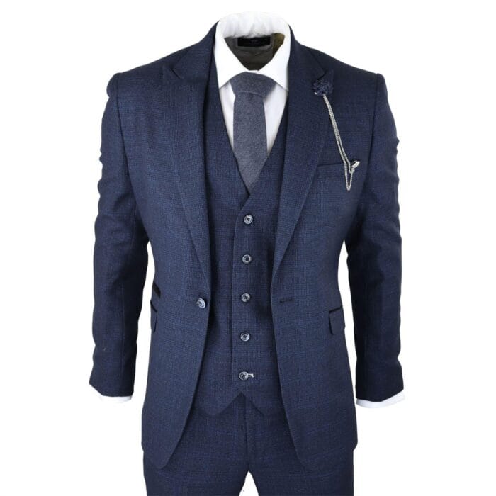 Mens Herringbone Tweed Navy Blue Check 3 Piece Vintage Suit Tan - Knighthood Store