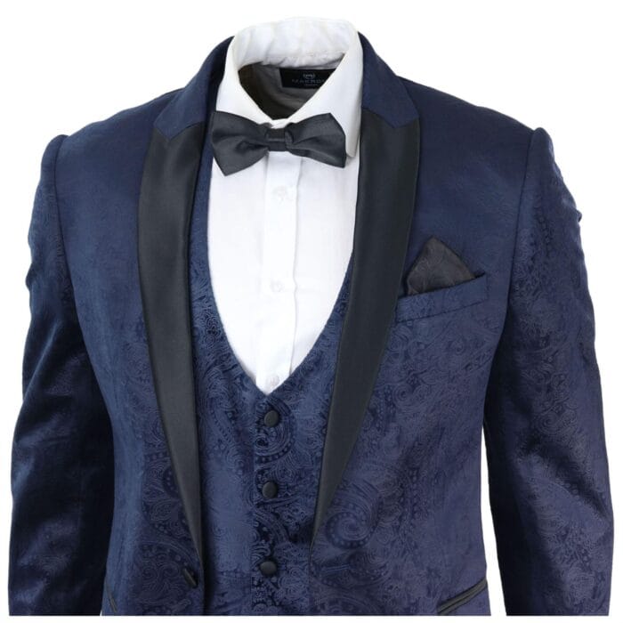 Mens Marc Darcy Velvet Paisley Blue Fit 3 Piece Suit Tuxedo Dinner Jacket Wedding - Knighthood Store
