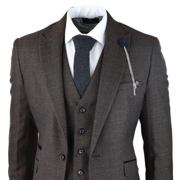 Mens 3 Piece Check Suit Tweed Black Brown Tailored Fit Wedding Peaky Classic - Knighthood Store