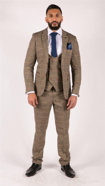 Mens 3 Piece Herringbone Tweed Tan Brown Check Suit Tailored Fit Double Classic - Knighthood Store